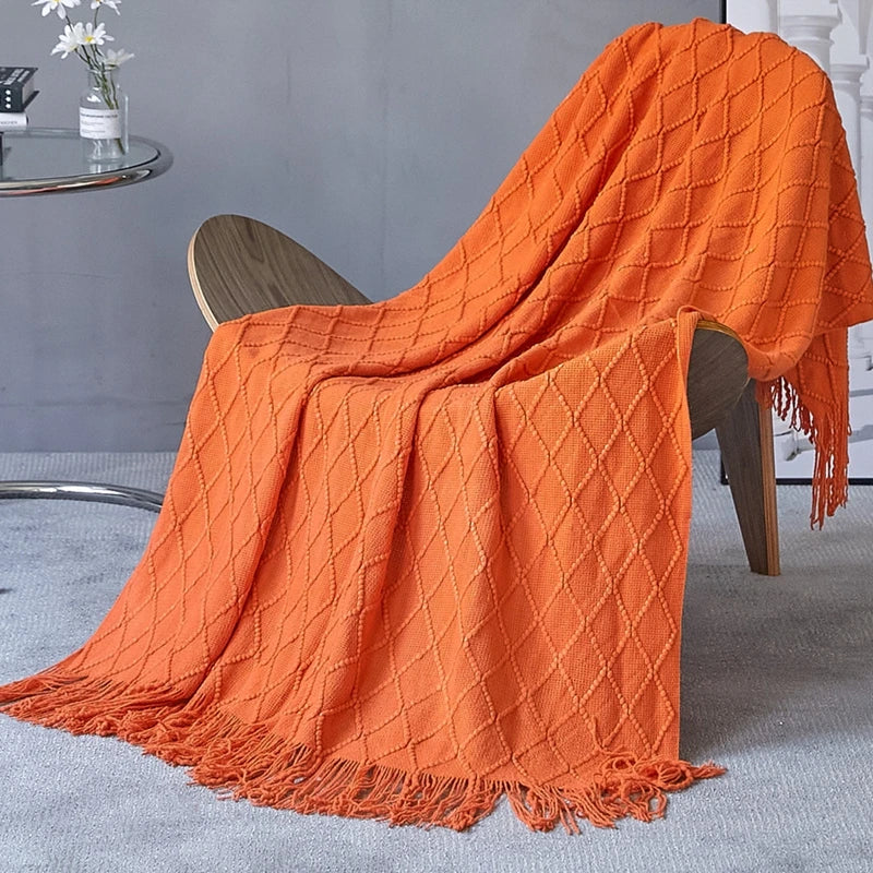 Plaid Vintage Orange Rouge Tricoté avec Glands - Confort Luxe