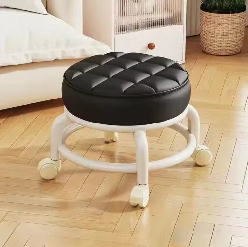 Tabouret Roulant en Cuir PU avec Roulettes - Pouf Rond Pratique
