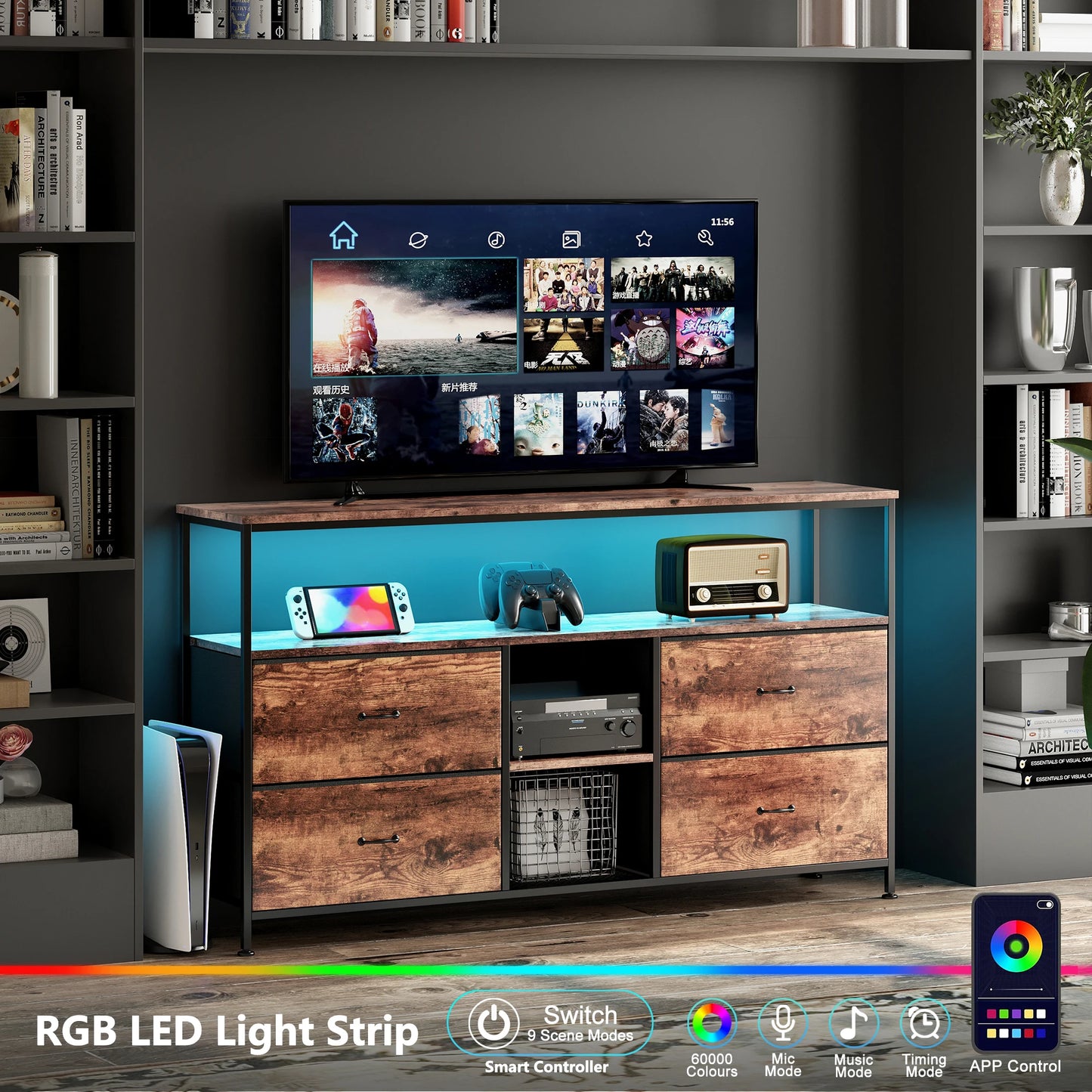 Meuble TV Comanlai 108 cm avec LED, 4 tiroirs en tissu et métal