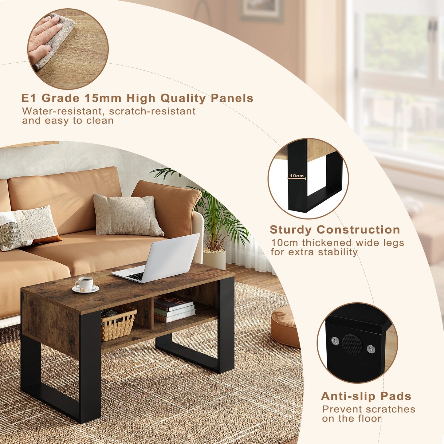 Table Basse Industrielle Vintage avec Rangement 2 Compartiments