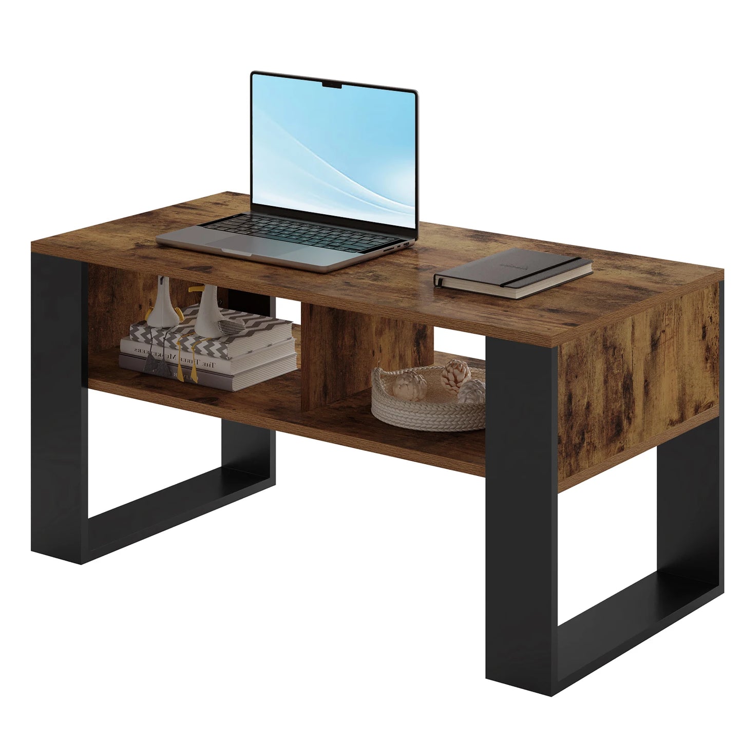 Table Basse Industrielle Vintage avec Rangement 2 Compartiments