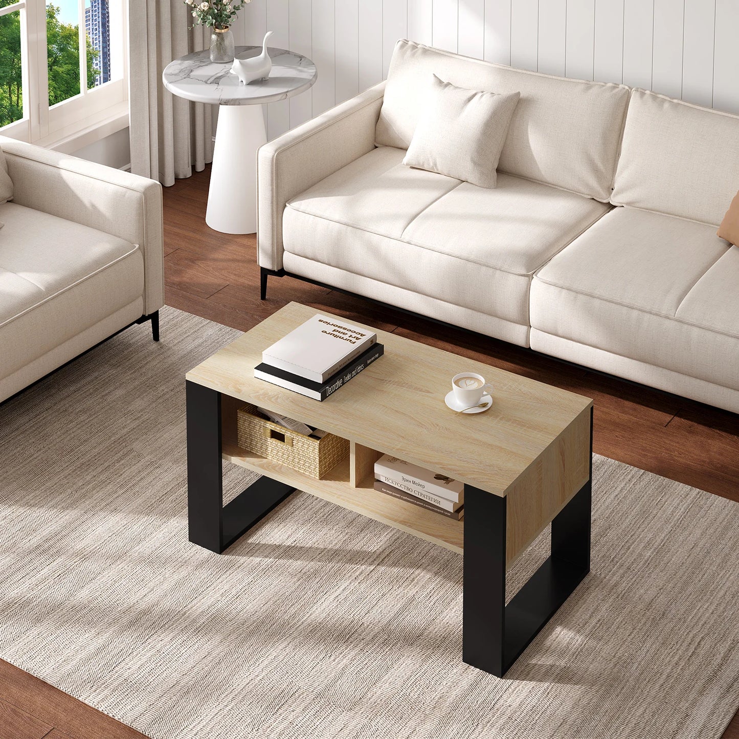 Table Basse Industrielle Vintage avec Rangement 2 Compartiments