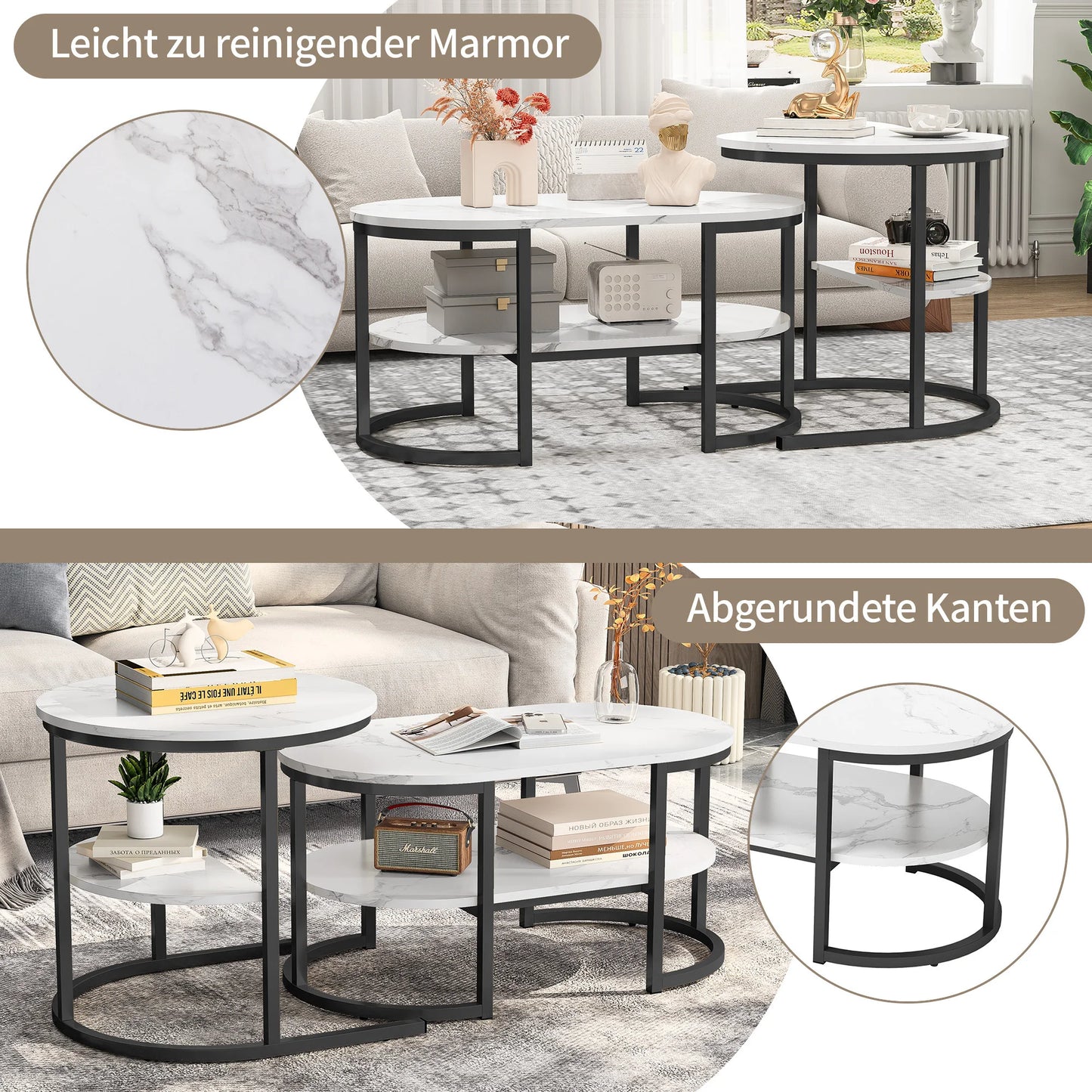 Tables basses 2 en 1 modernes avec rangement - Style marbre