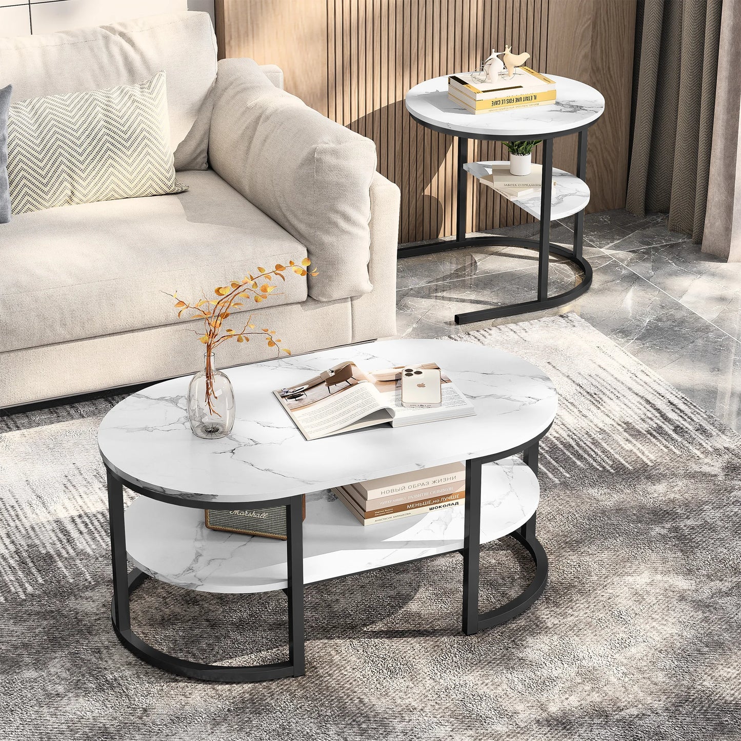 Tables basses 2 en 1 modernes avec rangement - Style marbre