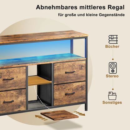 Meuble TV Comanlai 108 cm avec LED, 4 tiroirs en tissu et métal