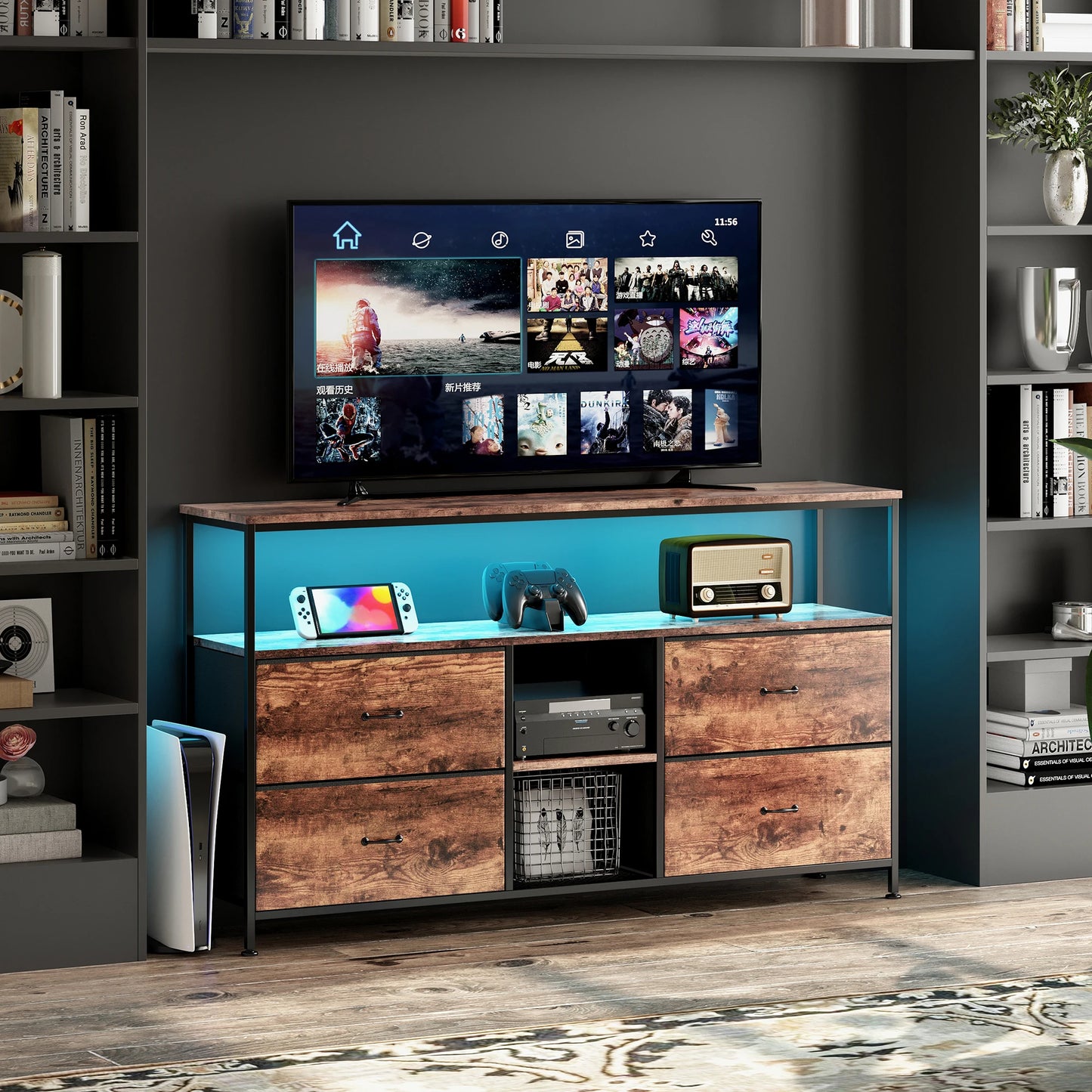 Meuble TV Comanlai 108 cm avec LED, 4 tiroirs en tissu et métal