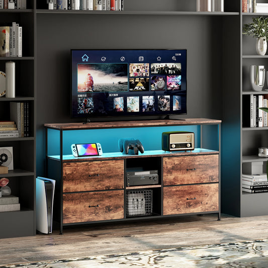 Meuble TV Comanlai 108 cm avec LED, 4 tiroirs en tissu et métal
