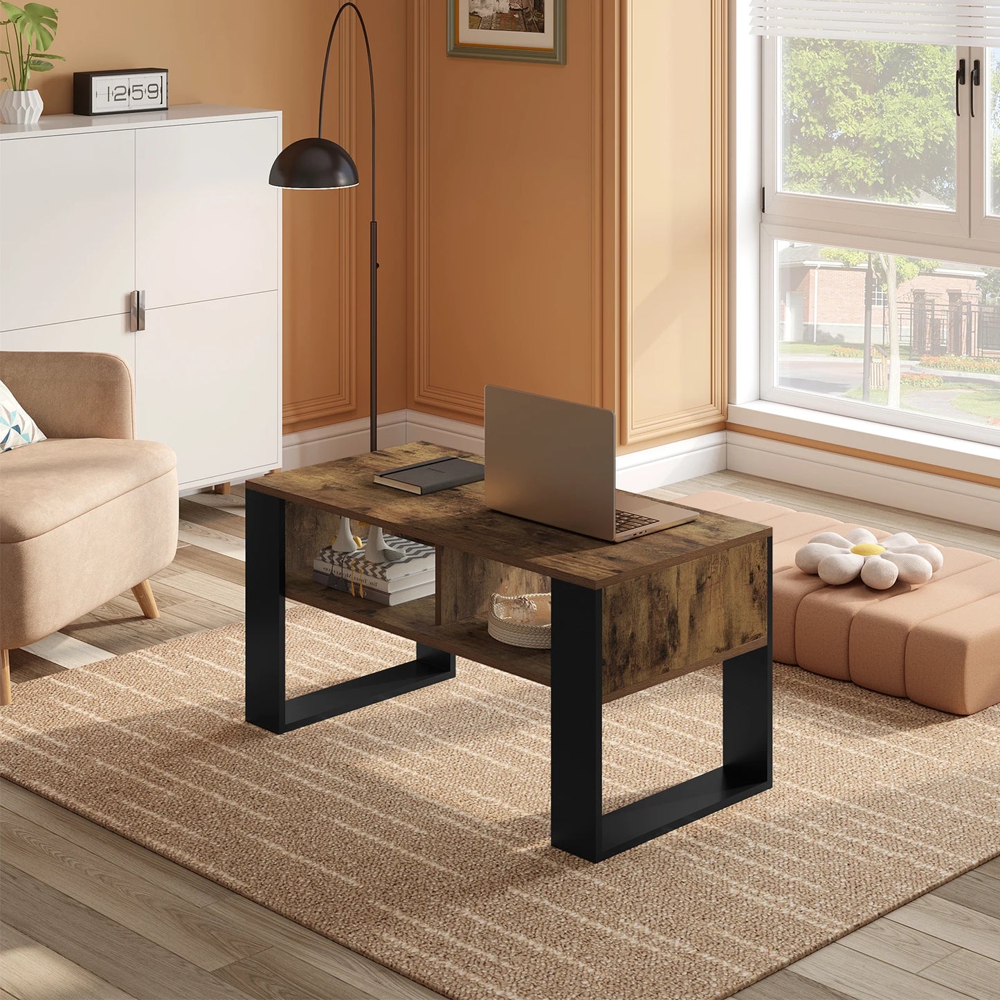 Table Basse Industrielle Vintage avec Rangement 2 Compartiments