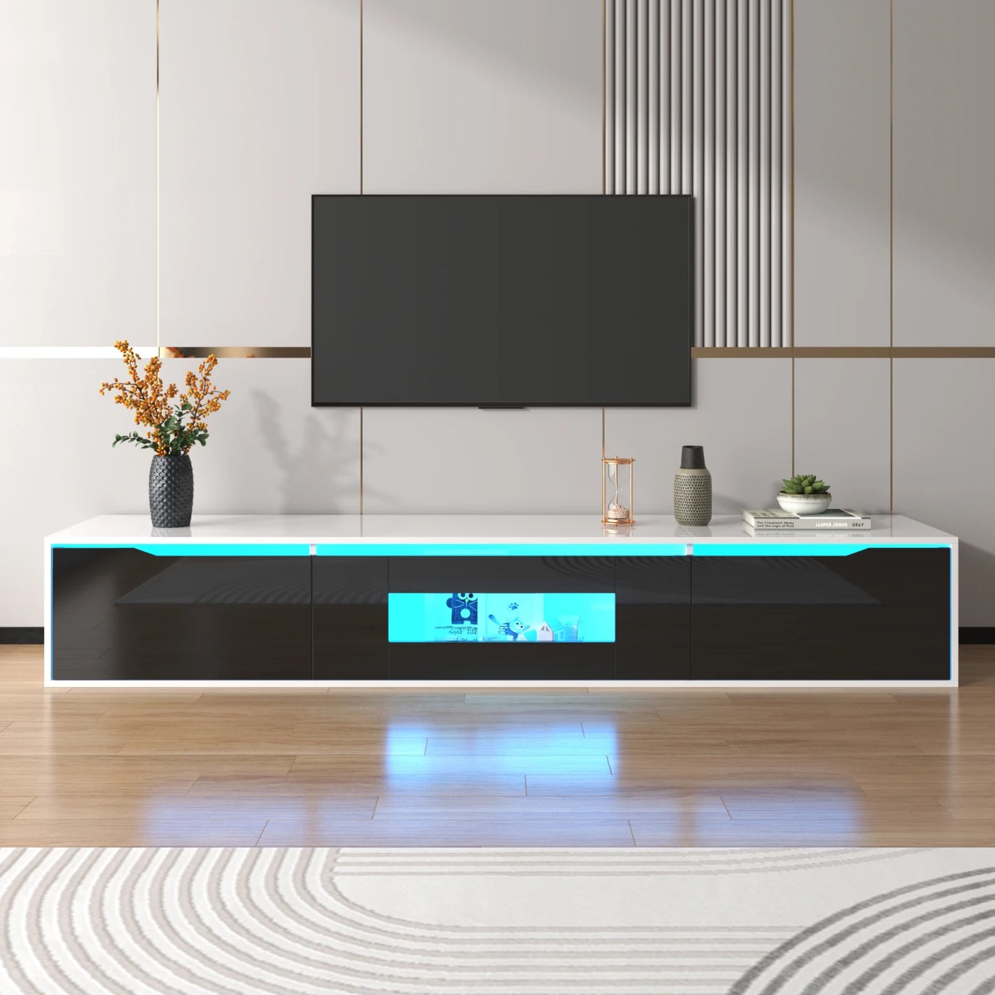 Meuble TV 180 cm LED, commode haute brillance avec 3 portes
