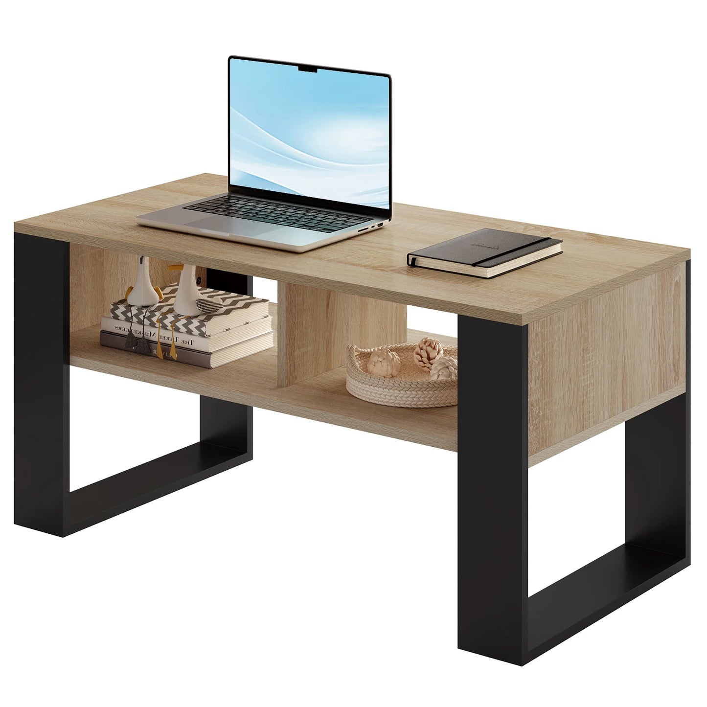 Table Basse Industrielle Vintage avec Rangement 2 Compartiments