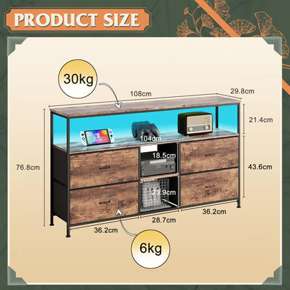 Meuble TV Comanlai 108 cm avec LED, 4 tiroirs en tissu et métal