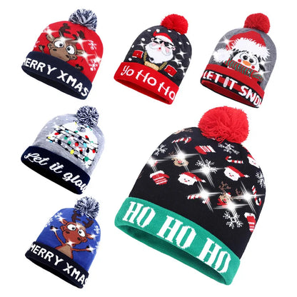 Chapeau de Noël LED Clignotant - Bonnet Tricoté Bonhomme de Neige