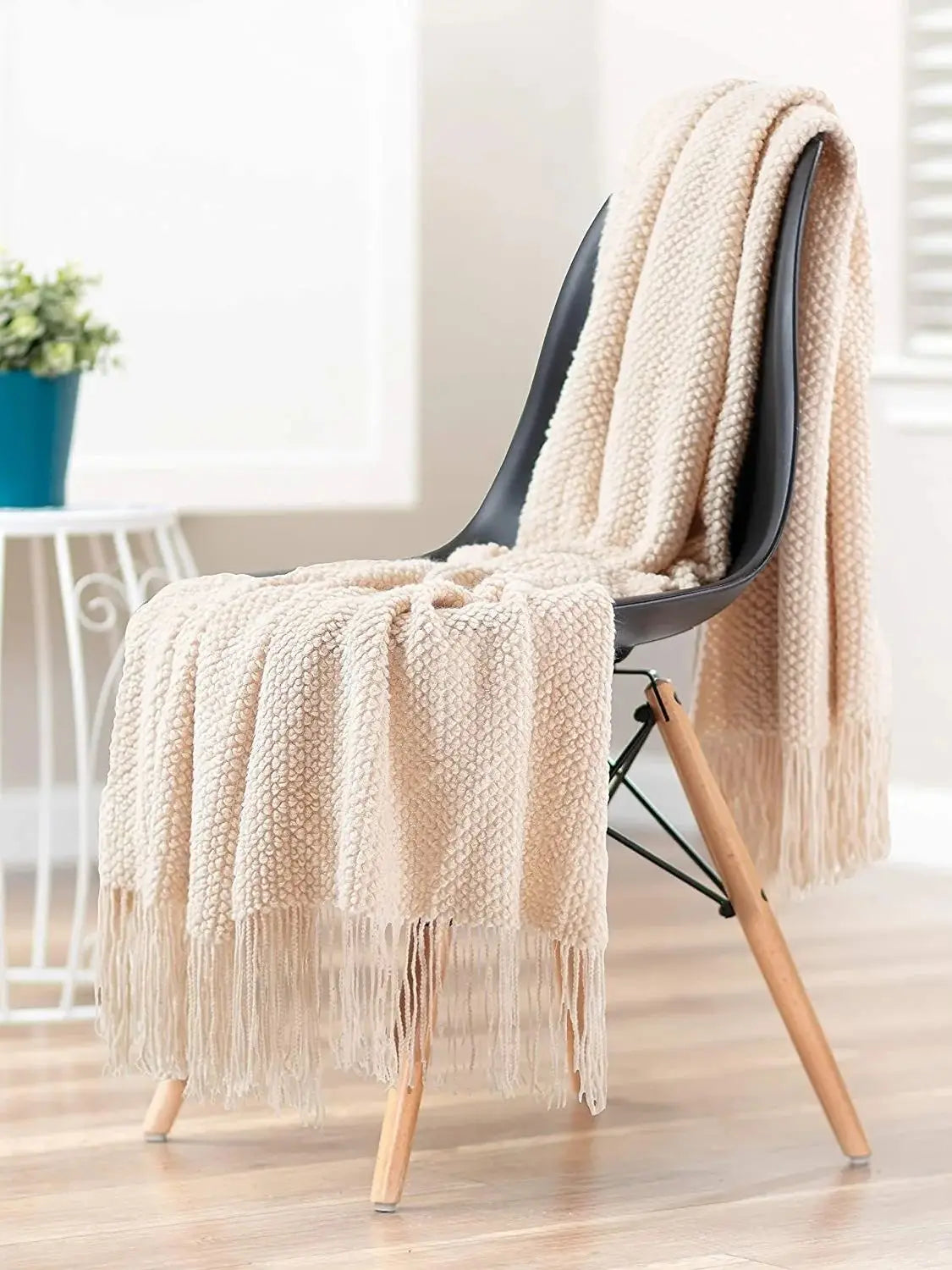 Plaid Vintage Orange Rouge Tricoté avec Glands - Confort Luxe