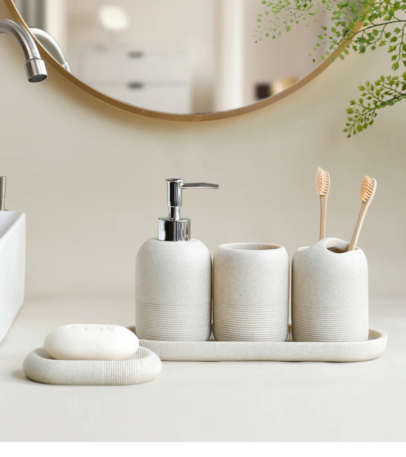 Ensemble d'accessoires de salle de bain 5 pièces - Beige et gris
