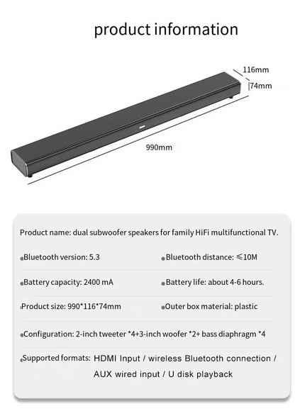 Barre de son 9D avec caisson de basses, Bluetooth & HDMI