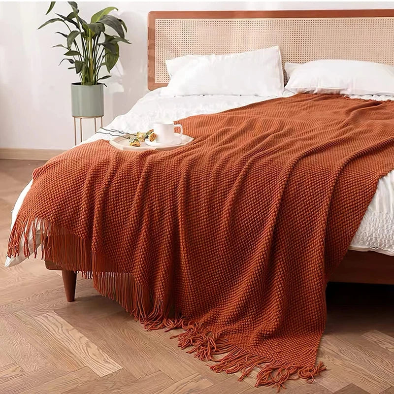 Plaid Vintage Orange Rouge Tricoté avec Glands - Confort Luxe
