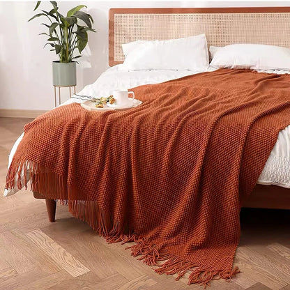 Plaid Vintage Orange Rouge Tricoté avec Glands - Confort Luxe