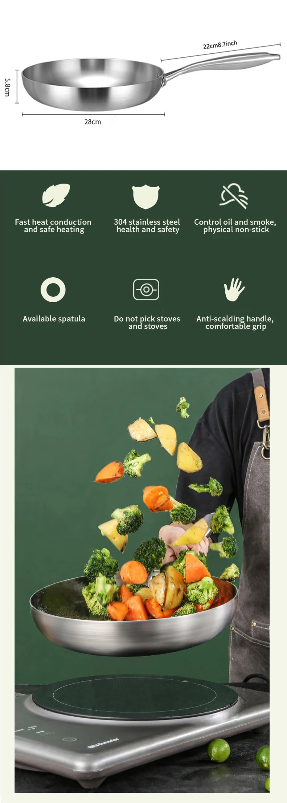 Poêle à frire en inox 304 antiadhésive pour cuisinière à gaz et induction