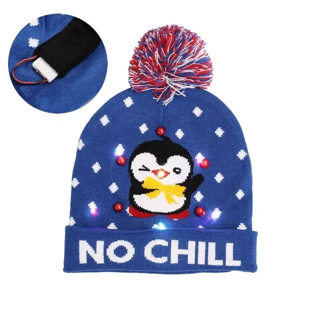 Chapeau de Noël LED Clignotant - Bonnet Tricoté Bonhomme de Neige