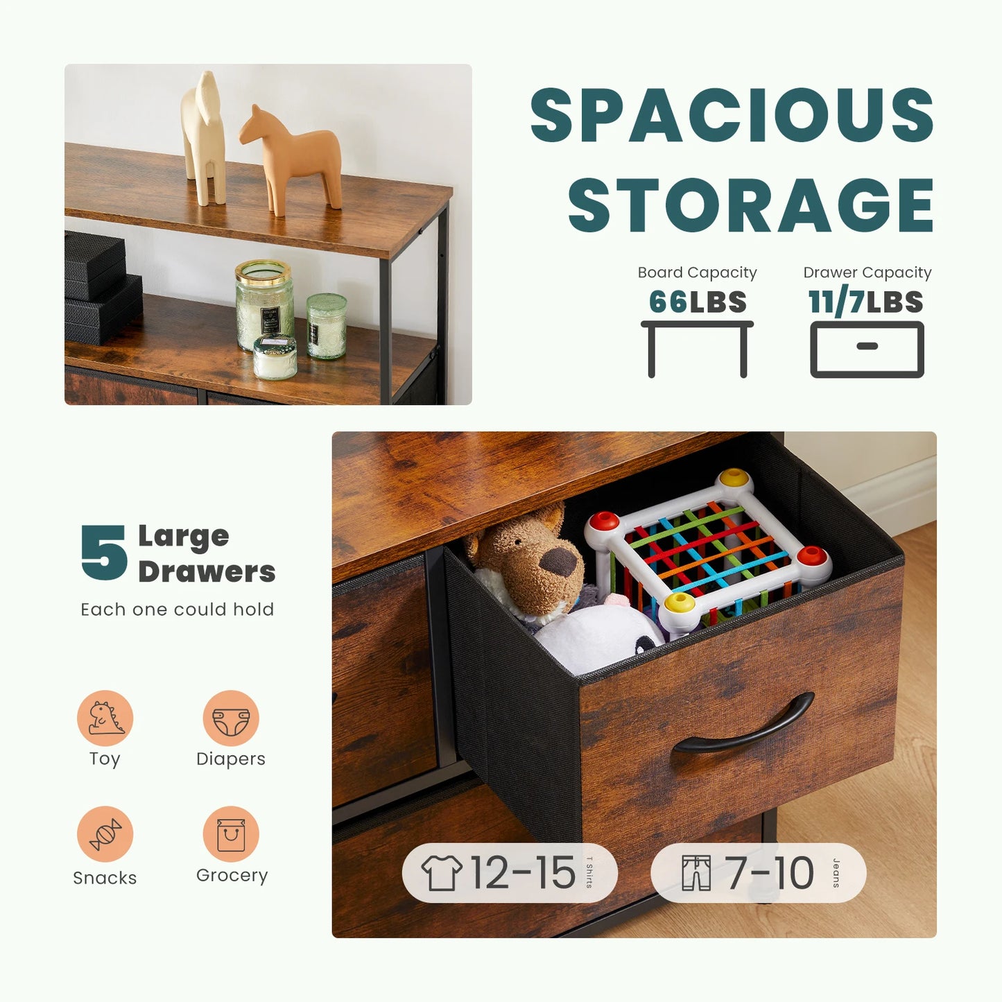 Commode TV JHK avec 5 tiroirs en tissu - Rangement élégant chambre