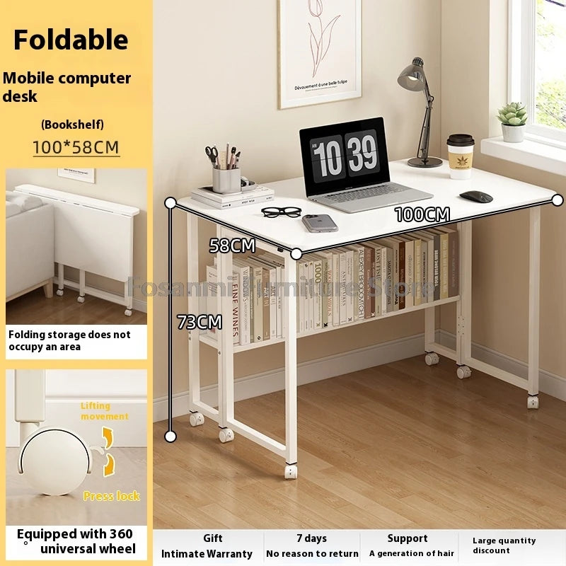 Bureau pliable blanc compact avec roulettes pour bureau à domicile
