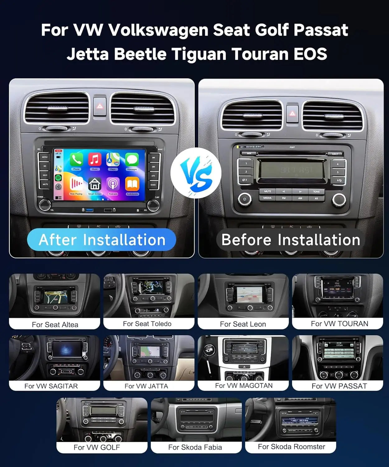 Autoradio Android 7" GPS Carplay pour VW, Seat, Audi - 2Din