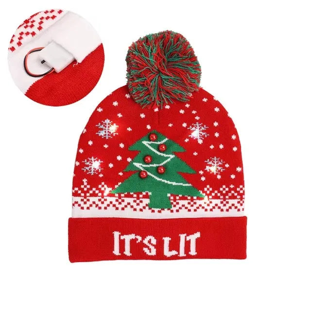 Chapeau de Noël LED Clignotant - Bonnet Tricoté Bonhomme de Neige