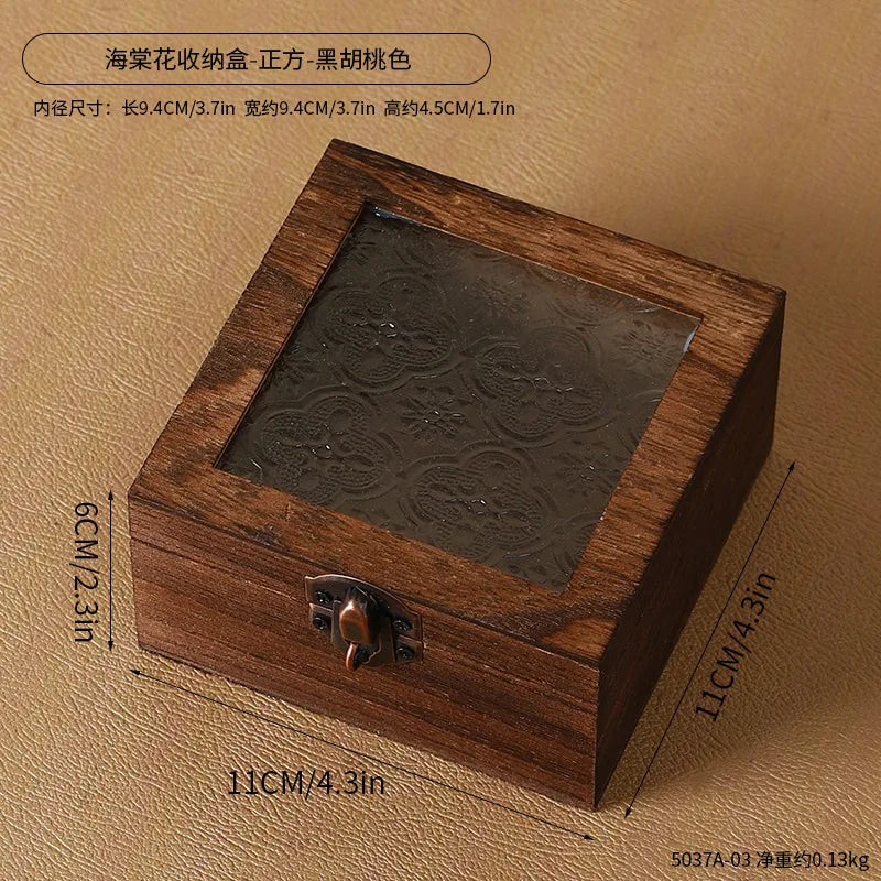 Boîte de rangement en bois rétro avec verre - Bégonia décoratif