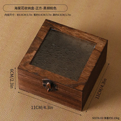 Boîte de rangement en bois rétro avec verre - Bégonia décoratif