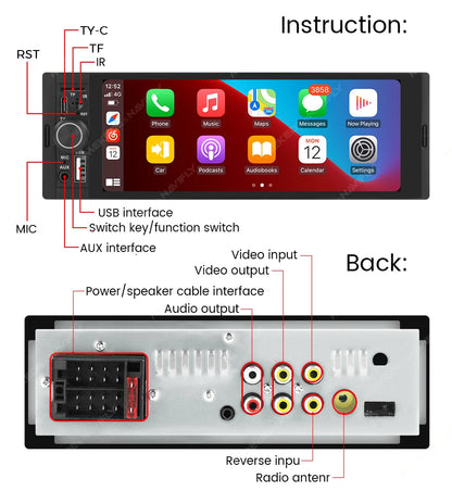Autoradio 1Din sans fil CarPlay & Android Auto - Écran 6.86'' HD