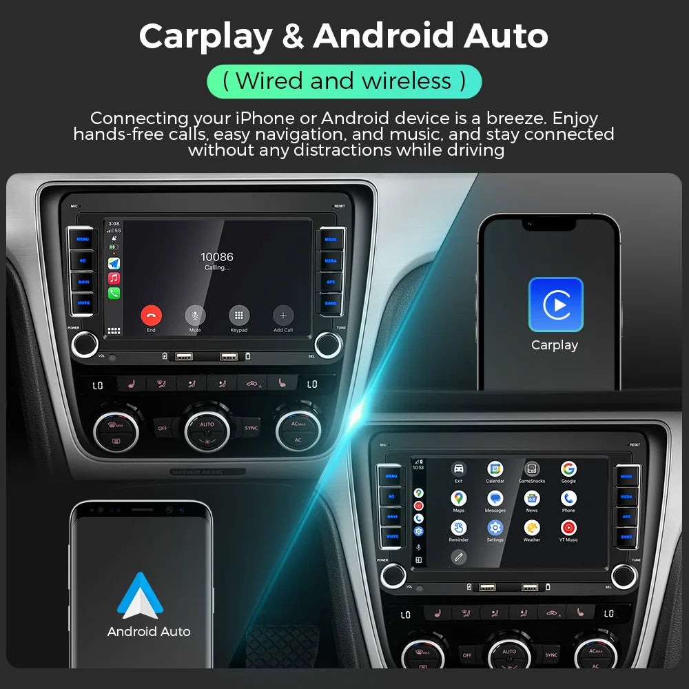 Autoradio Android 7" GPS Carplay pour VW, Seat, Audi - 2Din