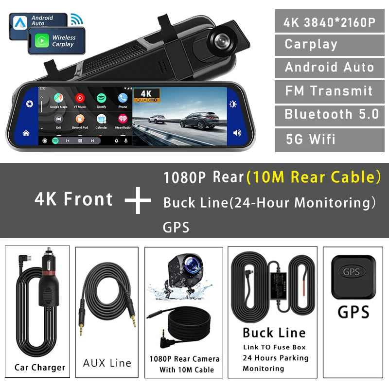 Dashcam 4K 3840P avec Carplay, GPS et WiFi - Caméra Voiture