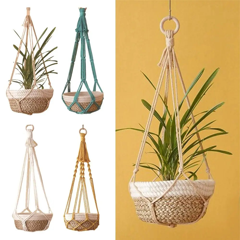 Porte-plante en macramé beige fait main pour intérieur et balcon