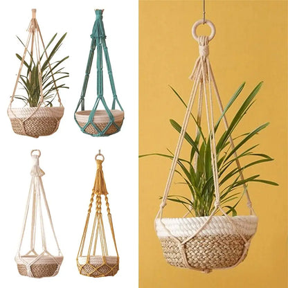 Porte-plante en macramé beige fait main pour intérieur et balcon