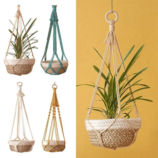 Porte-plante en macramé beige fait main pour intérieur et balcon