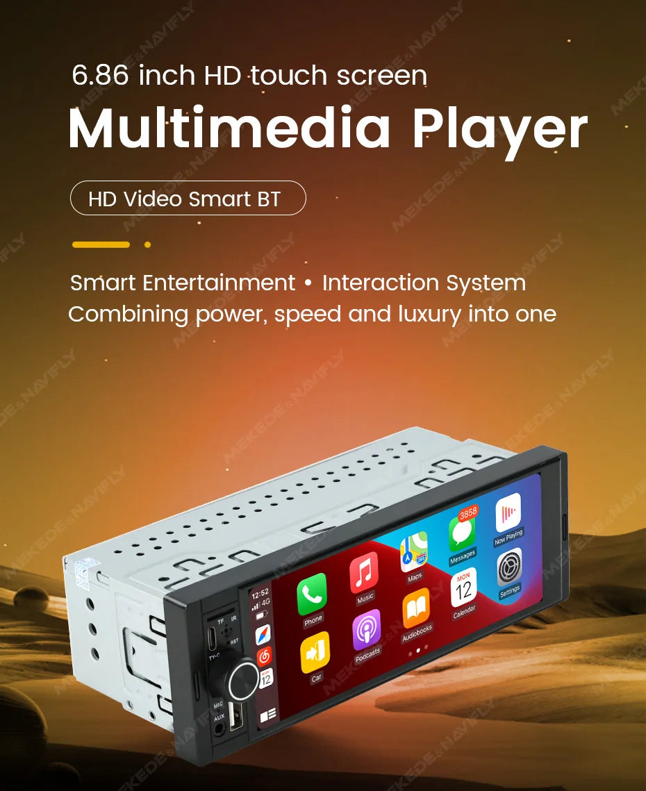Autoradio 1Din sans fil CarPlay & Android Auto - Écran 6.86'' HD