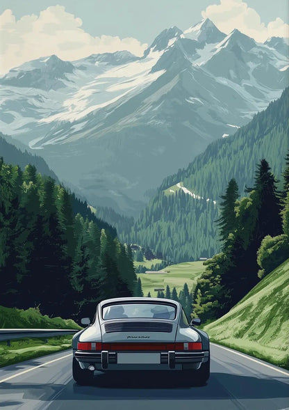 Affiche rétro Porsche 911 - Art mural voyage alpin sur toile