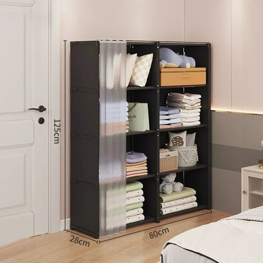 Armoire polyvalente anti-poussière avec rideaux et étagères
