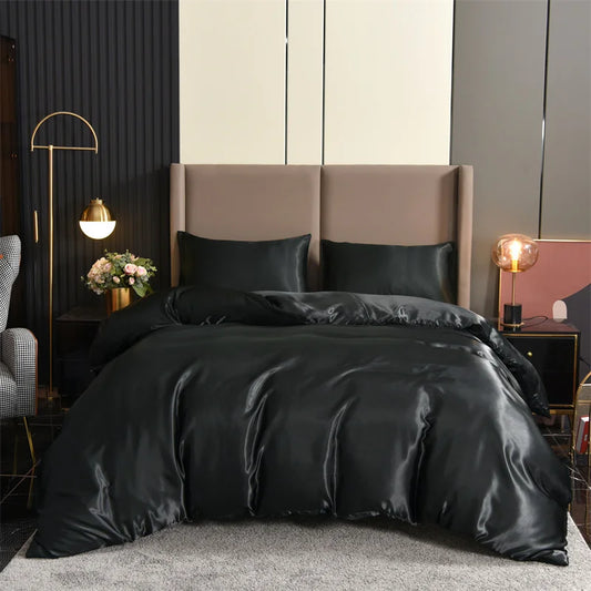 Housse de Couette Satin 3 pièces Queen Noir - Luxe & Douceur