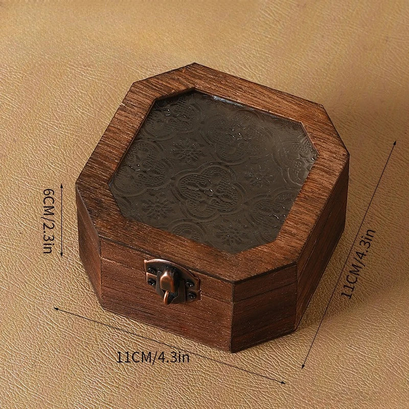 Boîte de rangement en bois rétro avec verre - Bégonia décoratif