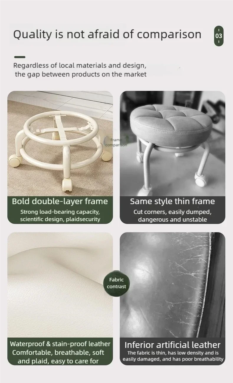 Tabouret Roulant en Cuir PU avec Roulettes - Pouf Rond Pratique