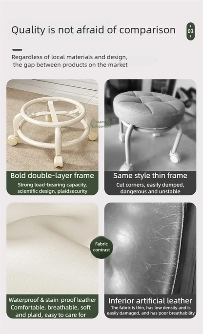 Tabouret Roulant en Cuir PU avec Roulettes - Pouf Rond Pratique