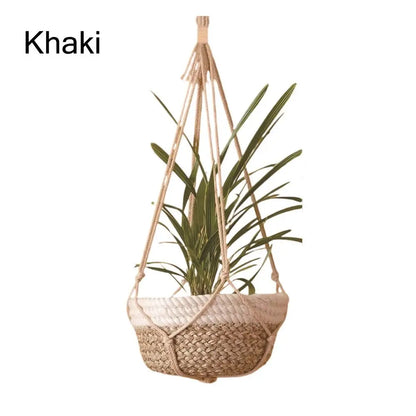 Porte-plante en macramé beige fait main pour intérieur et balcon
