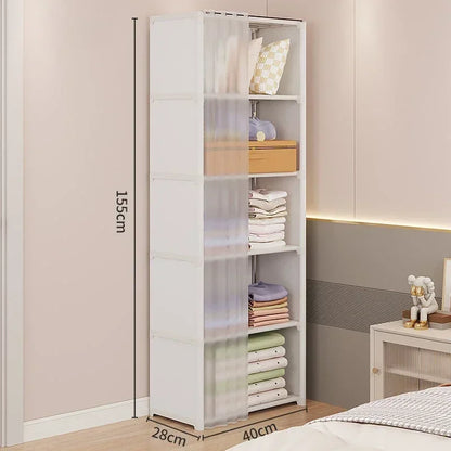 Armoire polyvalente anti-poussière avec rideaux et étagères
