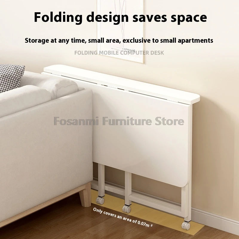 Bureau pliable blanc compact avec roulettes pour bureau à domicile