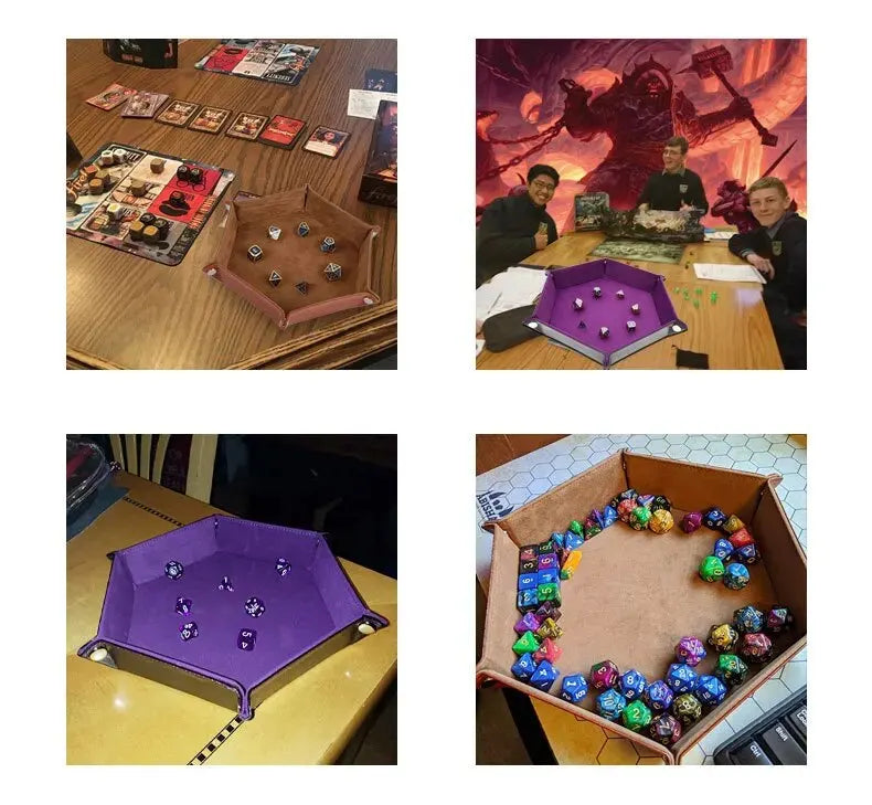 Plateau à dés hexagonal en cuir avec boîte de rangement pratique