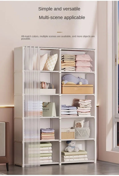 Armoire polyvalente anti-poussière avec rideaux et étagères