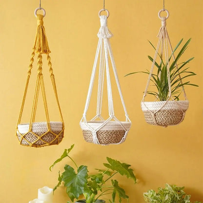 Porte-plante en macramé beige fait main pour intérieur et balcon