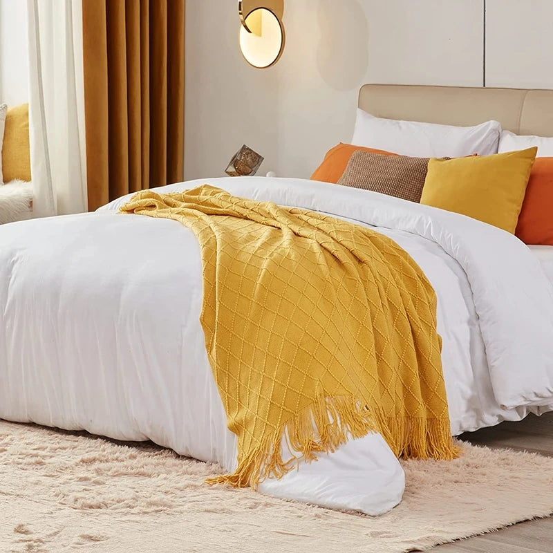 Plaid Vintage Orange Rouge Tricoté avec Glands - Confort Luxe