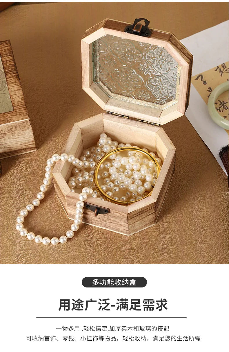 Boîte de rangement en bois rétro avec verre - Bégonia décoratif